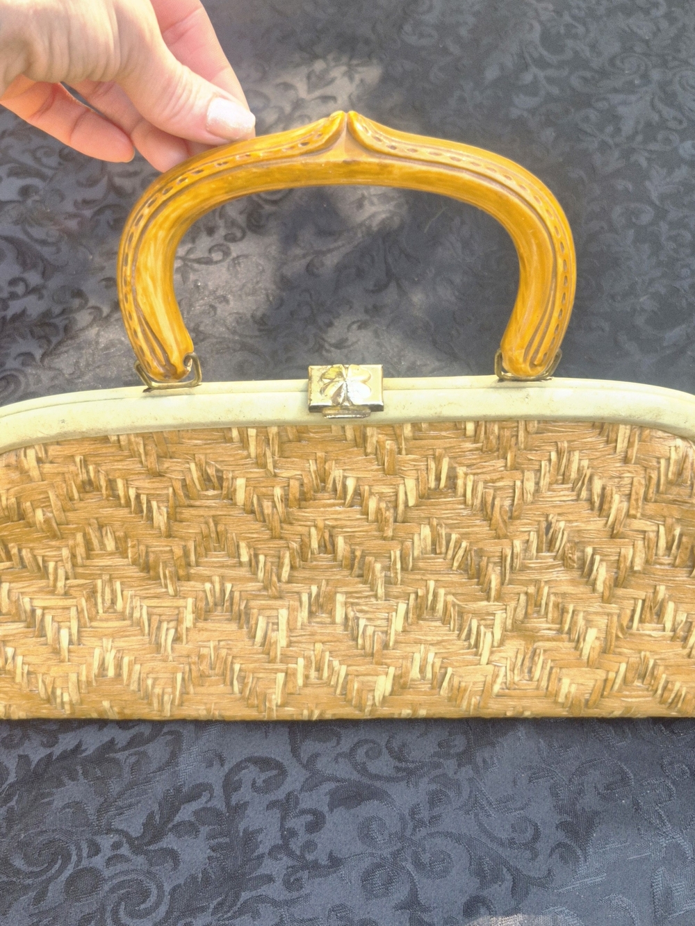 Carved Handle Purse, 1950s Lucite Handle, Rockabilly Vintage, Tiki Bag, Chevron
